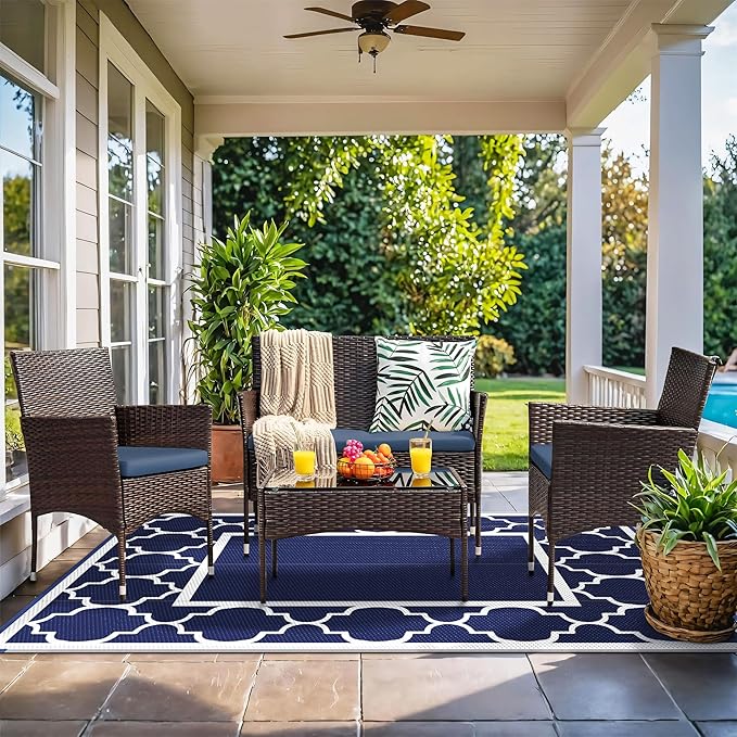 GENIMO 3' x 5' Outdoor Rug Waterproof for Patio Decor, Foldable Reversible Plastic Straw Area Rugs Mat for Camper, Outside Carpet for Rv, Deck, Porch, Picnic, Beach, Balcony, Blue & White