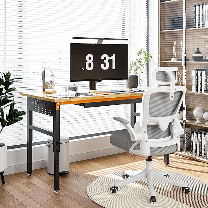 60" Adjustable Height Workbench, 2000 LBS Heavy Duty Work Table with Power Outlets & Pegboard, Rubber Wood Workstation for Garage, Workshop, Office, Home, Commercial