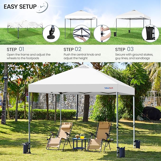 Yaheetech 10x10 Pop-up Canopy Tent w/ 2 Integrated Wheels for Mobility, Waterpoof & Heavy Duty, Instant Sun Shelter with Carry Bag, Weight Bags for Outdoor Camping Beach Patio Parties, White