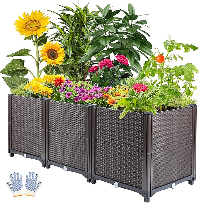 Emalie Deep Raised Garden Beds Large Plastic Planter Box with Drainage Plugs for Veggies Flowers Herbs Deep Root Plants Growing, 47.2" Lx15.7 Wx16.9 H Brown