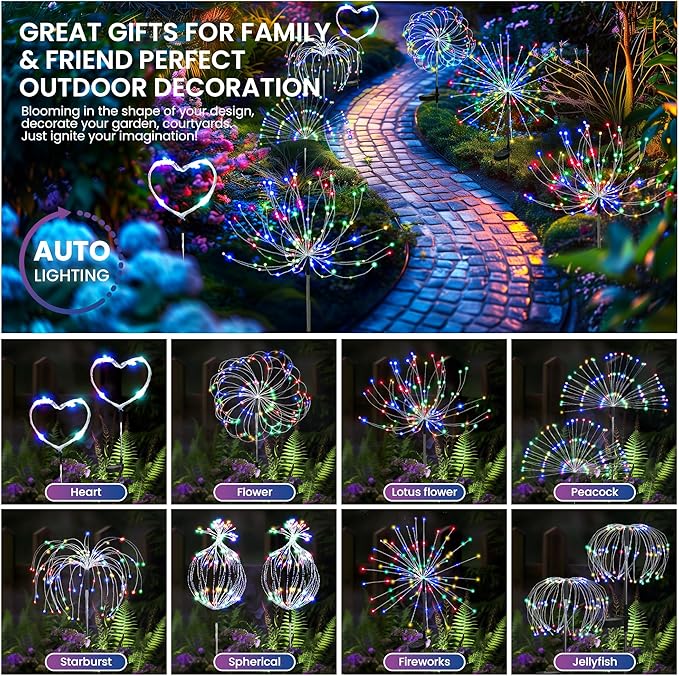 Garden Decor Solar Lights Outdoor,4Pack 120LED Waterproof Colorful Solar Garden Lights Your Outdoor Decoration,Yard, Patio, Porch,Flower Pot,Pathway,Christmas