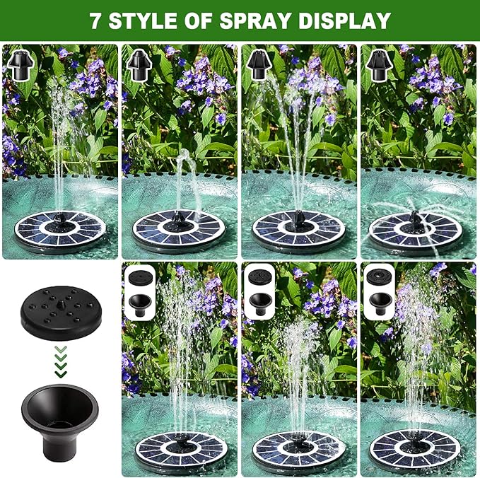 Solar Fountain Pump with 2000 mAh Battery Backup Works in Shade, 3.5 W Glass Solar Powered Water Fountain with 7 Nozzles, Floating Solar Fountain for BirdBath, Garden, Outdoor, Patio-White