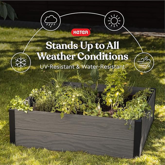 Keter 48" X 48" inches Wood Look Raised Garden Bed, Durable Outdoor Herb Garden Planter for Vegetables, Flowers, and Succulents, Grey