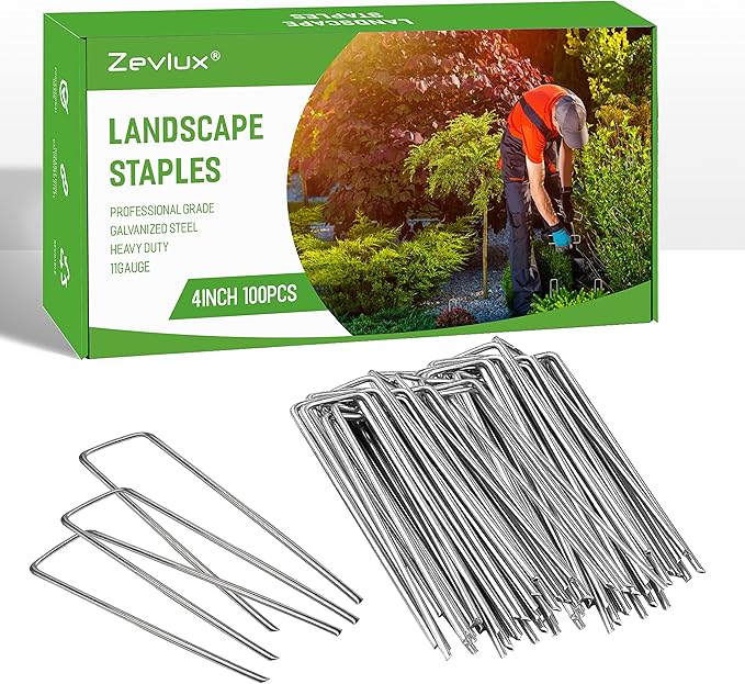 Landscape Staples 4 Inch 100pcs 11 Gauge Garden Stakes, Heavy Duty Galvanized Garden Staple for Fences, Lawns, Weed Barriers, and Landscape Fabrics, Netting, Irrigation Hose, Floor Mats