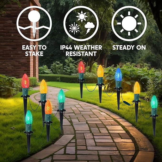 JOIEDOMI 30.75FT C9 Christmas Pathway Strawberry Stake Lights 24 LED, Multicolor Outdoor Faceted Walkway Decor with Marker Connectable for Holiday Xmas Yard Garden Lawn