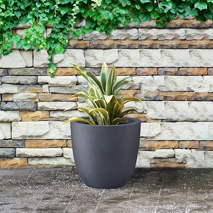 Kante 14 Inch Dia Round Concrete Planter, Indoor Outdoor Large Plant Pot with Drainage Hole and Rubber Plug for Home Patio Garden, Charcoal