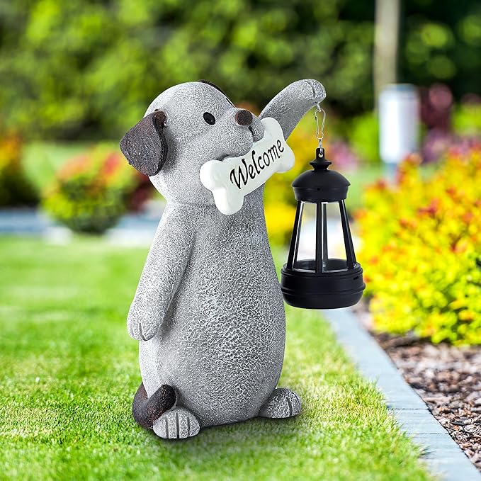 Solar Dog Statues for Garden Decor - Outdoor Dog Figurines with Solar Lantern for Yard Patio Lawn Balcony Ornaments - Garden Gifts for Mothers Day, Grandma, Easter