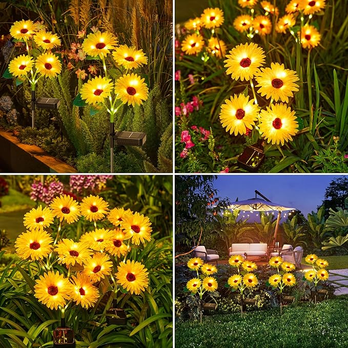 4 Pack Outdoor Solar Garden Lights with 16 Glowing Daisy Flowers & Stems, Waterproof Auto ON/Off Solar Flowers Lights for Yard Patio