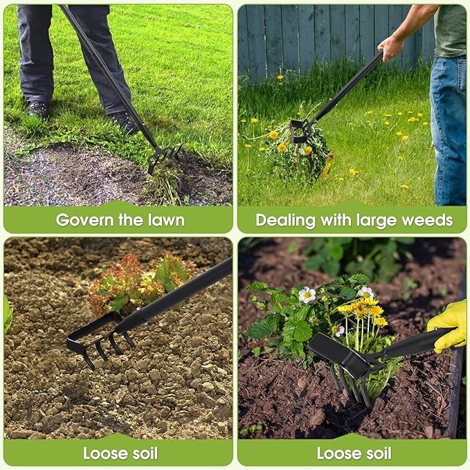INFLATION Stirrup Hand Hula Hoe Heavy Duty Metal Gardening Weed Puller Tool 4 Tines Prong 2-in-1 Herb Stripper Yard Rake for Women Kids Men Garden Grandpas Weeder 32-62 inch Long Adjustable Handle
