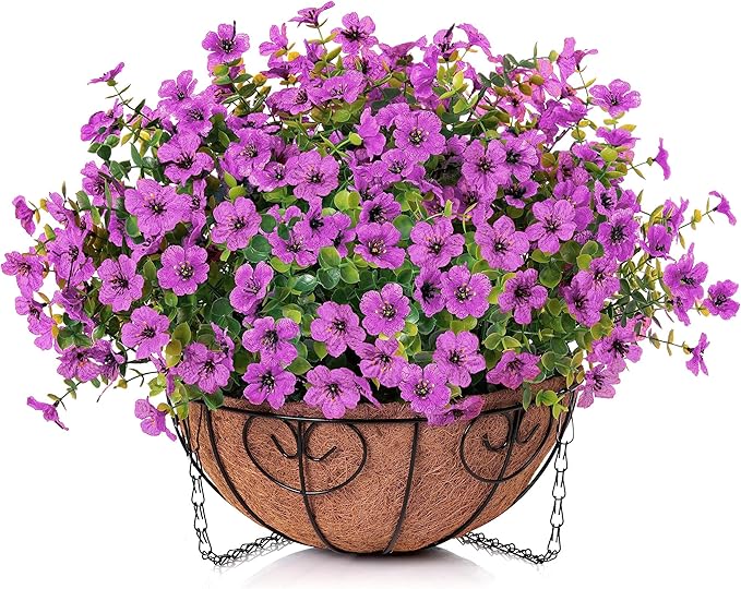 Artificial Fake Hanging Plants Flowers Basket for Outdoor Outside Porch Spring Decoration, Faux Silk Purple Daisy Realistic UV Resistant in Planter for Home Patio Balcony Garden Yard