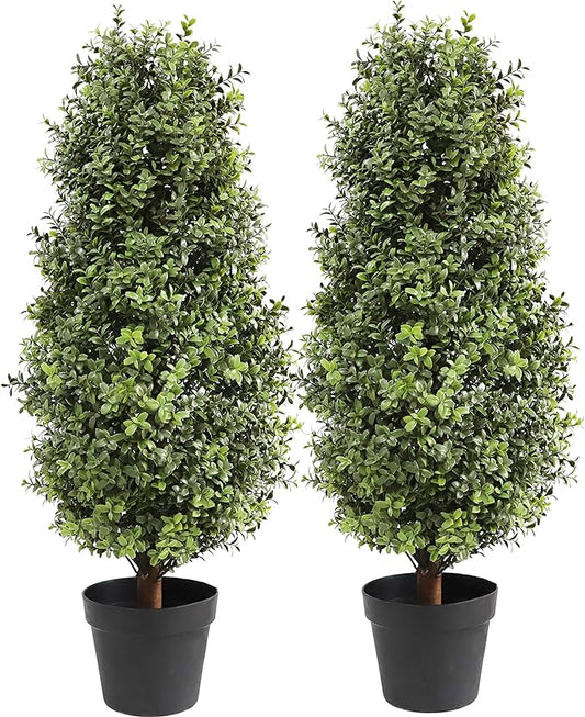 35inch Artificial Topiary Boxwood Tree, Faux Plants Outdoor 2 Packs Fake Bushes Faux Shrub, Artificial Topiary for Outdoors for Home Decor Indoor Front Porch