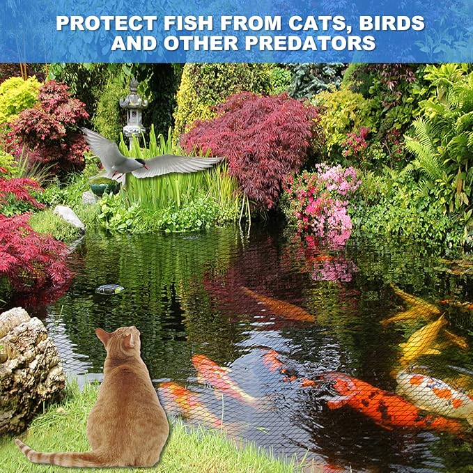 Pond Netting, 14 x 14 FT Pond Net Heavy Duty Pond Netting for Koi Ponds, Garden Pool Fine Mesh Netting Kit for Leaves, Protects Koi Fish from Birds Cats Predators, with 14 Stakes and 30 Cable Zip Ties