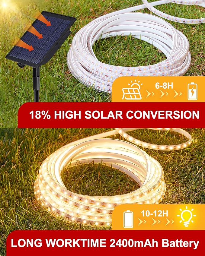 LUHLEE Solar LED Strip Lights Outdoor,Brighter 600 LED 32.8FT Solar String Lights Outdoor with Remote,8 Lighting Modes Auto ON/Off Rope Lights for Outside,Deck,Steps,Christmas Decor Lighting
