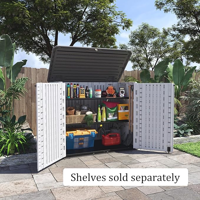 HOMSPARK Storage Shed Weather Resistance, Multi-Purpose Outdoor Storage Cabinet for Backyards and Patios, Horizontal Storage Shed for Lawnmower, Patio Accessories (White 1, Large - 26 cu.ft)