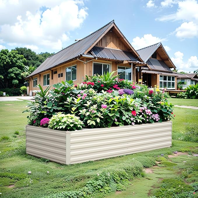 Raised Garden Bed 8×4×1.5FT, Galvanized Raised Garden Beds Outdoor for Vegetables Flowers Herbs, Large Deep Root Planter Box, Tall Raised Garden Bed with 3ftx30ft Weed Barrier Fabric, Beige