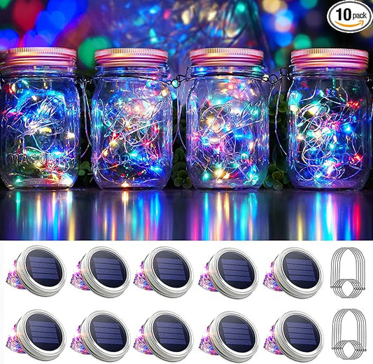 30 LED 10 Packs Mason Jar Lights with Hangers Colorful Solar Mason Jar Lids Fairy String Light Outdoor for Patio Yard Garden Decor Christmas Wedding Party Lights (NO Jars)