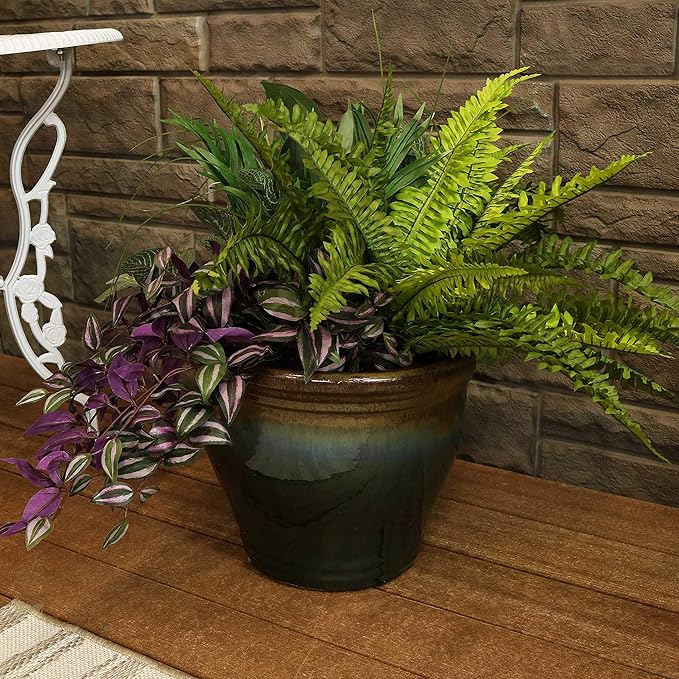 Sunnydaze Studio Large Ceramic Plant Pot - Round Outdoor Glazed Ceramic Planter Pot with Drainage - Forest Lake Green - 14.5"