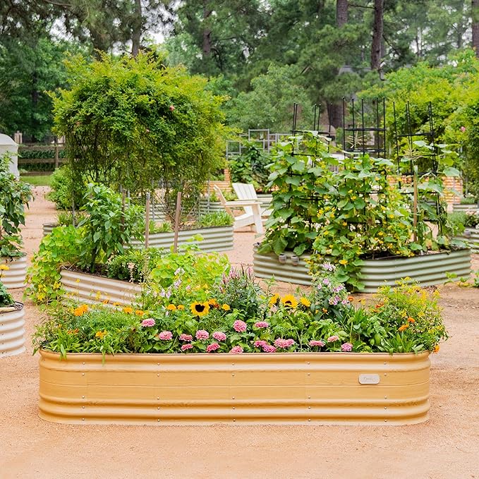 Vego garden 17" Tall 9 in 1 Novel Wooden-Look Metal Raised Garden Bed Kits Modular Planter Beds with 2 in 1 Wrench & Magnetic Plant Tags for Vegetables Flowers, Sunlit Oak