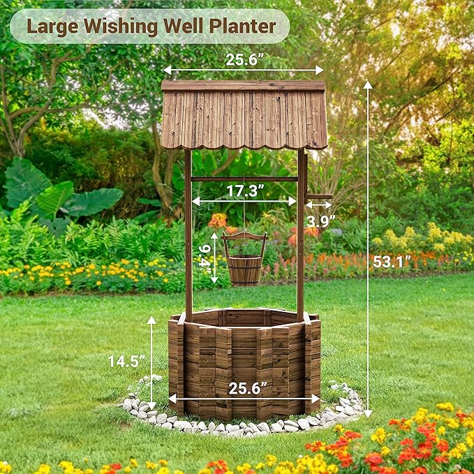 UDPATIO Wishing Wells for Yard, Large Wooden Wishing Well Planter for Outdoors, Upgrade Wishing Well with 4 Reinforced Rod & Hanging Bucket for Garden Patio Lawn Backyard Home Decor