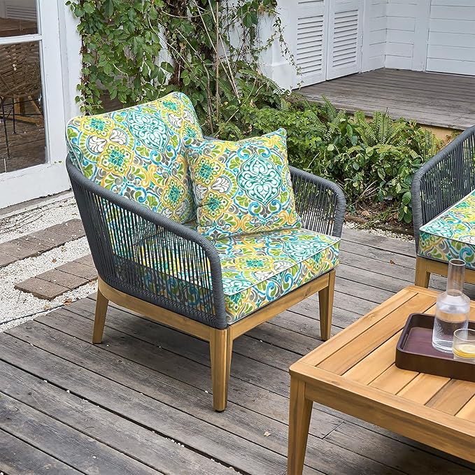 LVTXIII Outdoor Deep Seat Cushion Patio Seat and Back Cushion Set Seasonal Chair Cushion for Dining Arm Chairs, Wicker Chairs and Garden Furniture Decoration, 24"x24"x4", Damask Green
