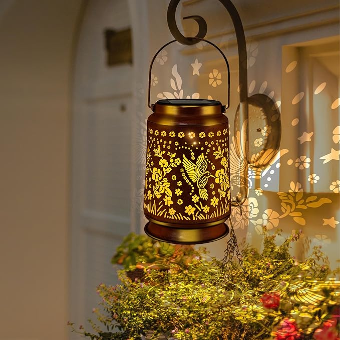 KY&BOSAM Solar Hummingbird Lanterns Outdoor Waterproof, Metal Openwork LED Hanging Solar Lights Outside Decorative for Yard Patio Backyard Deck Porch Garden Decor Birthday Gifts for Women Mom Grandma