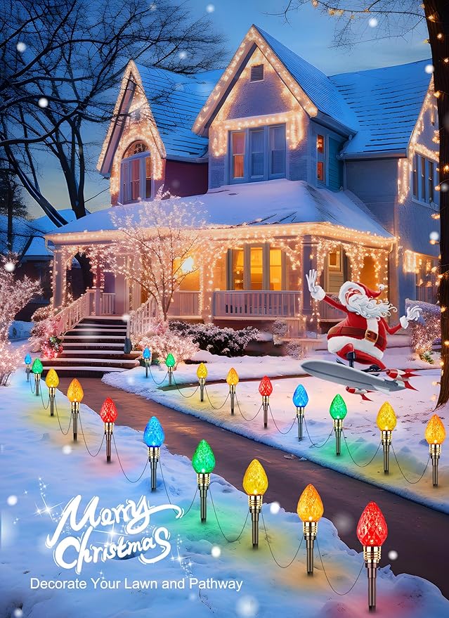 2 Pack Strawberry C9 Christmas Pathway Lights Outdoor - Total 34.8 Feet 20 LED Christmas Walkway Lights, Colored Bulb Christmas Lights Outdoor Decorations for Yard Lawn Holiday Outside, Multicolor