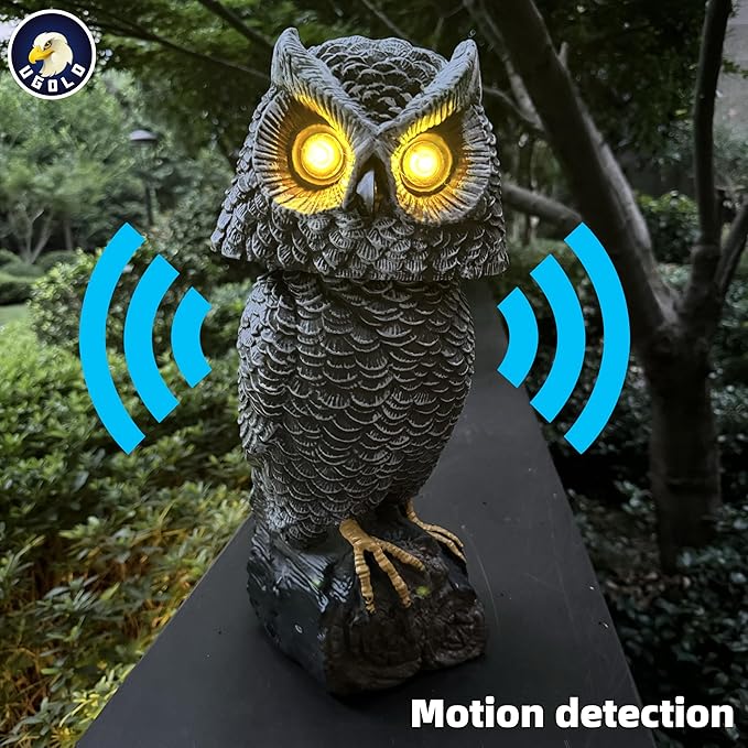 Solar Powered Garden Owl with Motion Detection, Rotating Head, Realistic Hoots and Silent Mode, Garden Sculpture, Plastic Owl Decoration for Home, Garden, Patio and Lawn