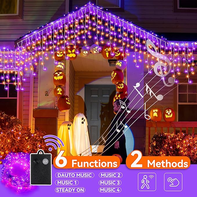 Halloween Icicle Lights with Spook Music Motion Sensing Function - 340LED 29Ft Purple Orange Curtain String Lights - Plug in Lighting for Outdoor Garden Window House Bedroom Halloween Decorations