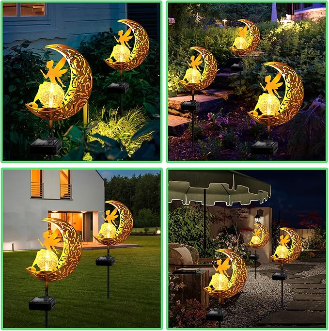 Garden Solar Lights Outdoor Decorative, Moon & Fairy Solar Stake Crackle Glass Globe, Gardening Gifts for Women, Garden Stake Lights Waterproof for Walkway, Yard, Lawn, Patio (Warm White)