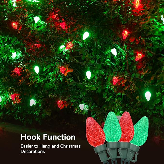 DEWENWILS C7 Red & Green Christmas Lights Outdoor, 33.3ft 50 LED String Lights, Waterproof Connectable Bulb Lights for House, Xmas Tree, Garden, Yard, Porch, Green Wire, UL Listed