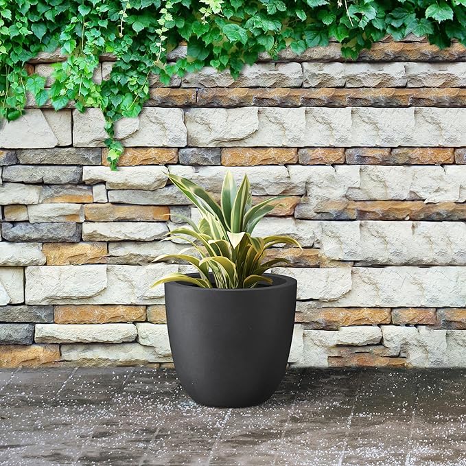 Kante 10 Inch Dia Round Concrete Planter, Indoor Outdoor Large Plant Pot with Drainage Hole and Rubber Plug for Home Patio Garden, Black