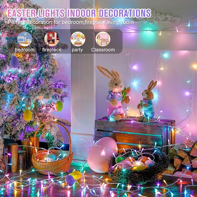 JMEXSUSS 200 LED Easter Lights Outdoor Indoor for Decorations, 66 Ft Connectable Pastel Easter Lights String Clear Wire Plug in for Bedroom Tree Room Party Spring Decor