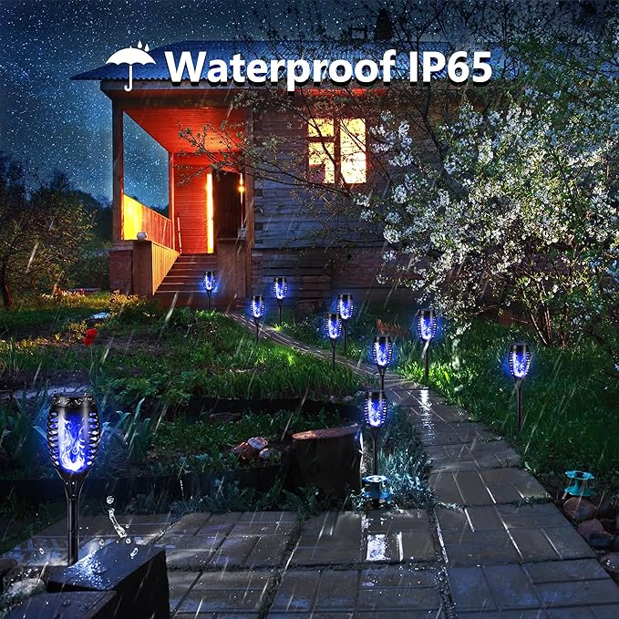 Toodour Solar Torch Flame Lights, 12 Pack Solar Lights Outdoor with Flickering Flame, Waterproof Solar Pathway Lights Landscape Decoration Lighting for Garden, Lawn, Yard, Outdoor Decorations - Blue