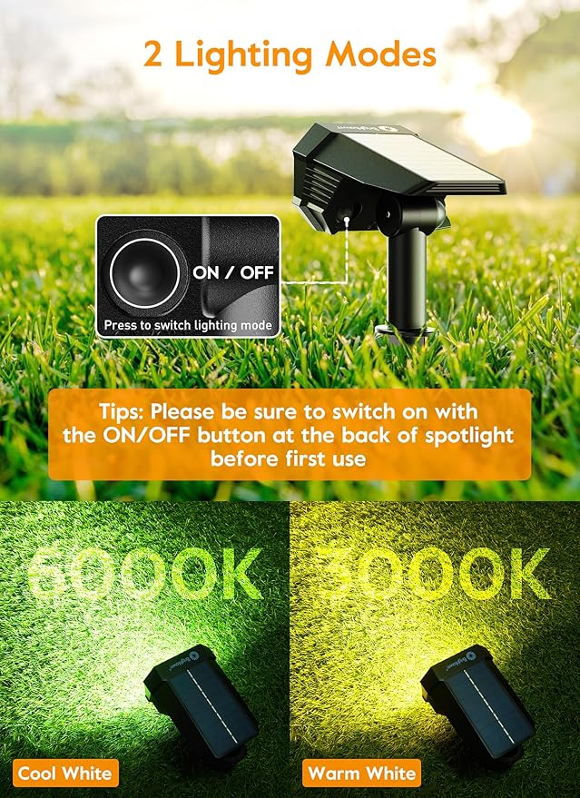 Brightown Solar Lights Outdoor Waterproof IP67, [Cool & Warm Light 2-in-1] Solar Spot Lights Outdoor, 2 Colors 3 Brightness Levels LED Outdoor Solar Lights for Yard Pathway Garden House, 4 Pack