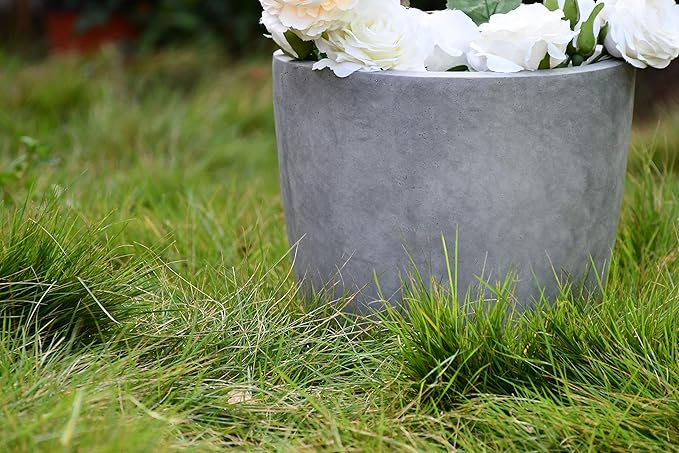 Kante 14 Inch Dia Round Concrete Planter, Indoor Outdoor Large Plant Pot with Drainage Hole and Rubber Plug for Home Patio Garden, Natural Concrete