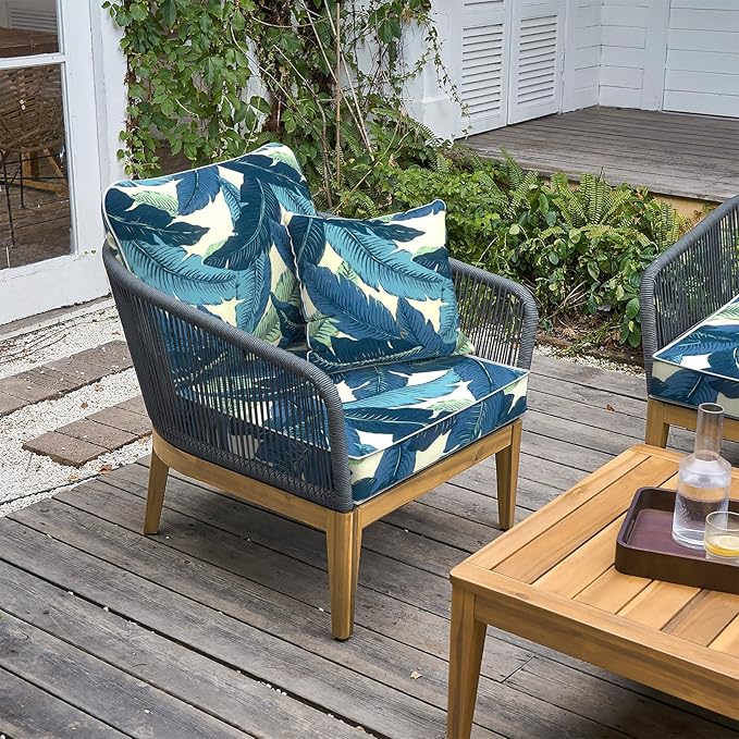 LVTXIII Outdoor Deep Seat Cushion 24"x24"x4" Patio Seat and Back Cushion Set Seasonal Chair Cushion for Dining Arm Chairs, Wicker Chairs and Garden Furniture Decoration, Swaying Palms Blue