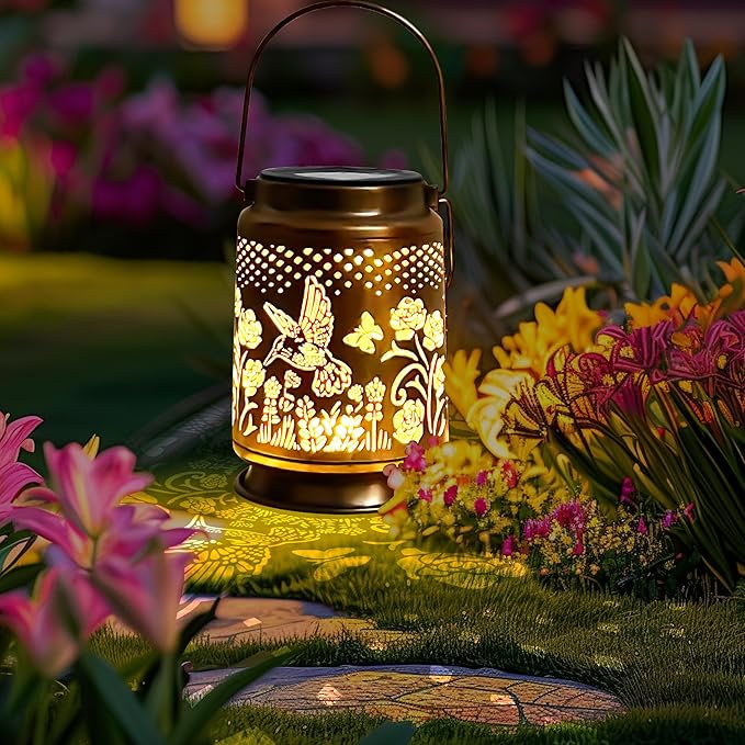 KY&BOSAM Solar Lanterns Outdoor Waterproof Rose Hummingbird Garden Decor Birthday Gift for Women Mom Grandma Hangings Solar Lights Metal Diwali Decoration Outside Lantern for Yard Patio Backyard Porch