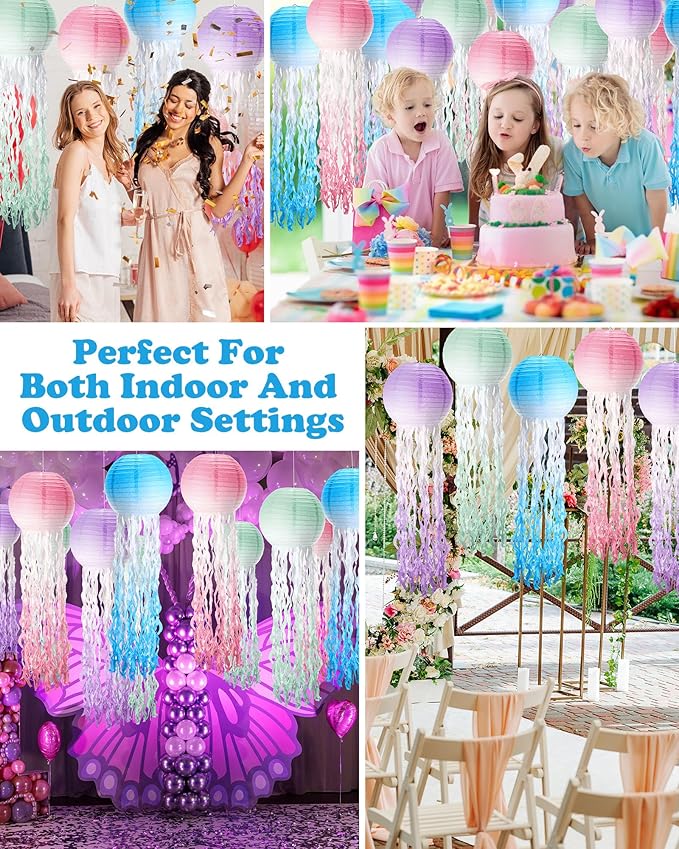 18 Pcs Jellyfish Paper Lanterns Mermaid Birthday Decorations Hanging Lantern Lamps for Ocean Theme Decor Under The Sea Party Supplies(Gradient Color)