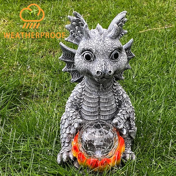 Solar Garden Statue Dragon Figurine with 7-Color Changing Solar Crackle Globe Lights- Loving Dragon for Patio,Balcony,Yard, Lawn-Unique Idea Gifts (Grey)