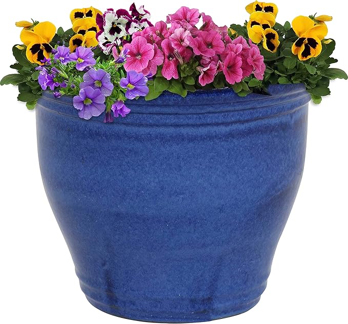 Sunnydaze Studio Large Ceramic Plant Pot - Round Outdoor Glazed Ceramic Planter Pot with Drainage - Imperial Blue - 14.5"