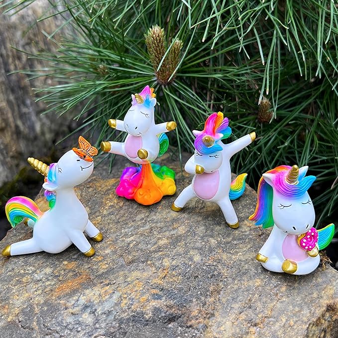 Mood Lab Miniature Unicorn Figurines Set - Funny Mini Statue Kit of 4 pcs - Unicorn Fairy Garden Accessories