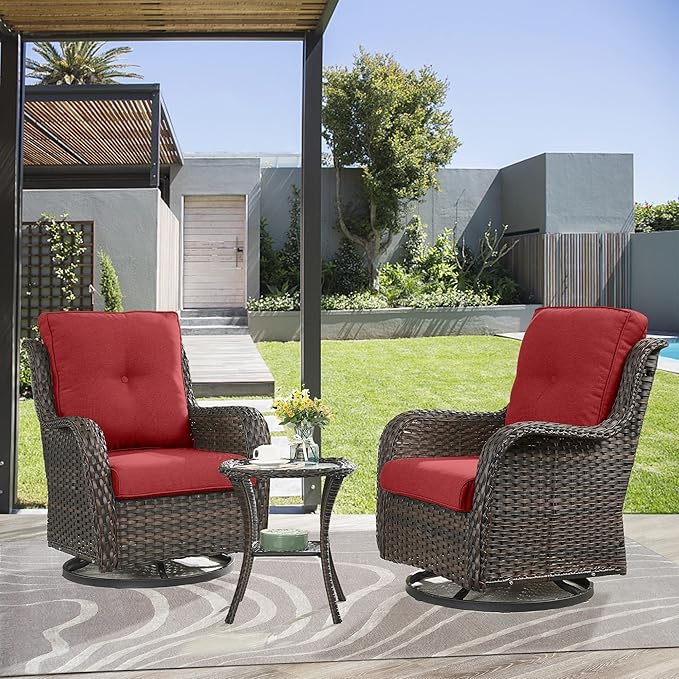 Outdoor Swivel Rocker Patio Chairs - 3 Piece Outdoor Bistro Set Wicker Patio Rocking Chairs Set of 2 with Side Table, 360 Degree Swivel Glider Seating for Porch Balcony Deck Brown/Red