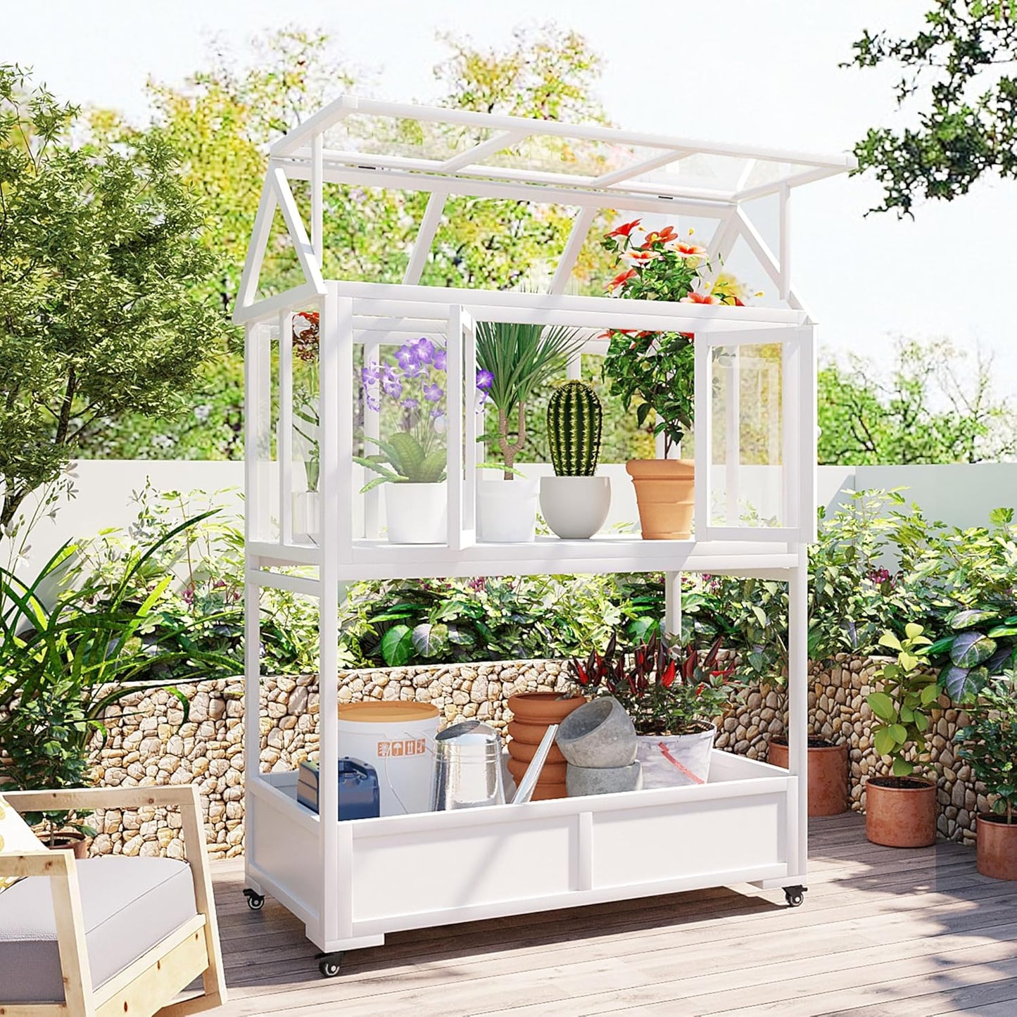 Greenhouse Cold Frames with Wheels - Adjustable Shelves Portable Cold Frame for Balcony/Patio, UV-Resistant Indoor Outdoor Plant Growing Cabinet (Large, Heavy-Duty) (White)