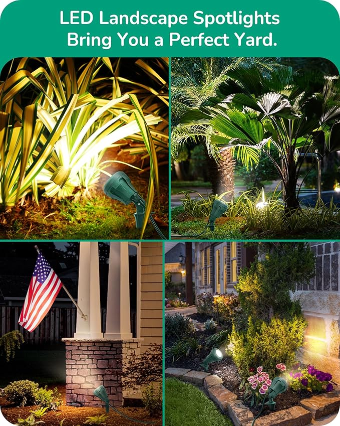 EDISHINE 120V Outdoor LED Spotlights, 4.8W Plug in Spotlight with 3 Lenses (Red Green Yellow) & 180° Rotatable Lamphead, 5000K Waterproof Landscape Lights for Flag Garden, 4 Pack