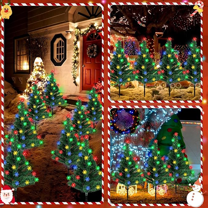 Retisee 6 Pack Solar Christmas Tree Pathway Lights Decorations Outdoor LED Snowflake Lights 8 Modes Prelit Small Christmas Tree Waterproof Solar Stake Lights for Garden, Yard, Lawn, Cemetery