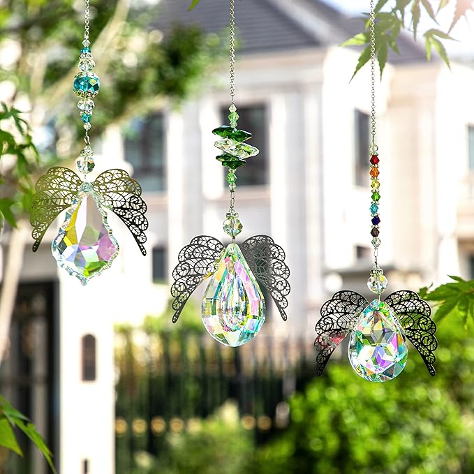 H&D HYALINE & DORA Metal Angel Wing Pendant with Rainbow Crystal Prisms Suncatcher Window Home Christmas Hanging Decor,Set 3pcs