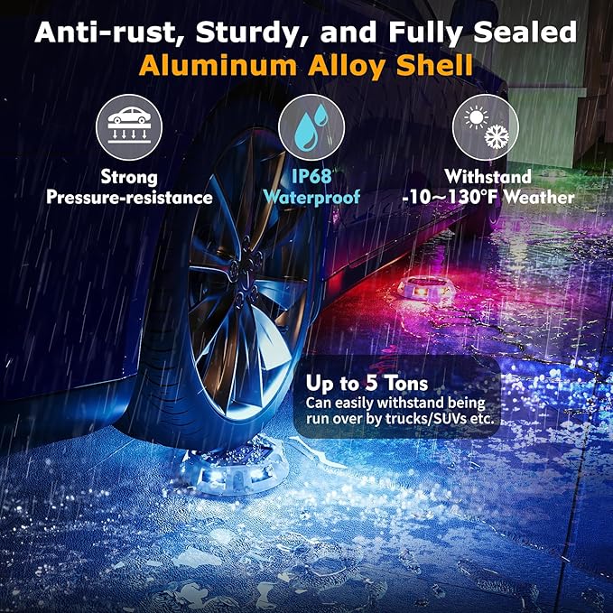 4Pack Aluminum Alloy Solar Driveway Lights, IP68 Solar Deck Light Marine Dock Lights Outdoor Waterproof, Multi-color LED Driveway Markers for Walkway, Path Decor [12Modes - Strobe/RGB/Fix-color]