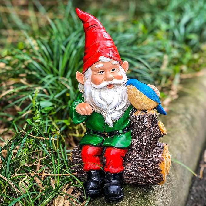 Garden Gnome Statues with Bird Resin Sculpture Gnome Sitting on The Stump Outdoor Statues for Outdoor Garden Decor