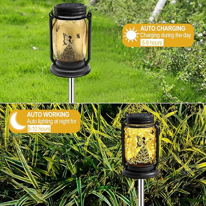 YJFWAL 2 Pack Outdoor Hanging Solar Lanterns, Birthday Mothers Day Gifts for Women Mom Grandma,Fairy Butterfly Vintage Glass Mason Jar, Waterproof Garden Lights for Patio Yard Lawn Tree Party Decor