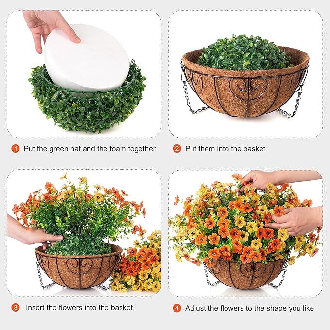Artificial Fake Hanging Mums Plants Flowers Basket for Fall Autumn Outdoor Decor, Faux Silk Orange Dasiy Flower Look Real UV Resistant for Outside Porch Home Patio Garden Decoration